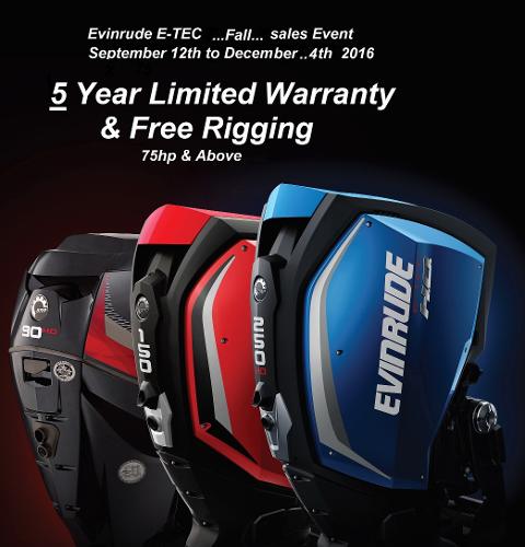 2016 Evinrude E-tec 5 Year Warranty on All New E-TEC Motors w/ Free Rigging