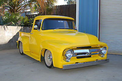 Ford : F-100 Yellow paint chrome grill. 1956 ford f 100 big window 427 fe 3 duece intake tci chassis leather interior