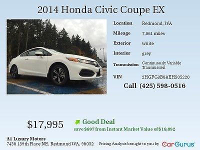 Honda : Civic Coupe 2014 honda civic ex 2 dr coupe cvt 1 owner clean carfax title low miles mint
