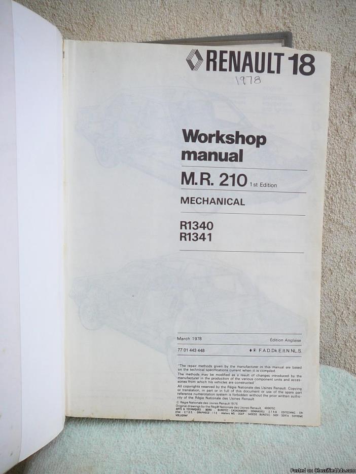 RENAULT 18   1978 to 1986  Factory Workshop Manual (M.R. 210), 1