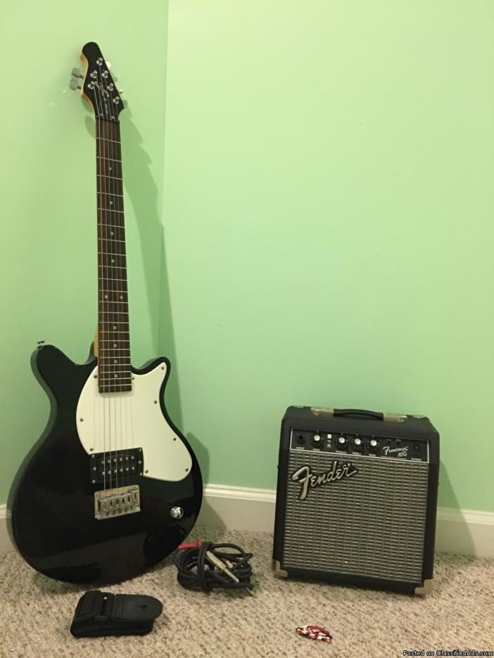 ME 1980 first act guitar, Fender Frontman 10G amp, guitar cord, 5 thin Fender...