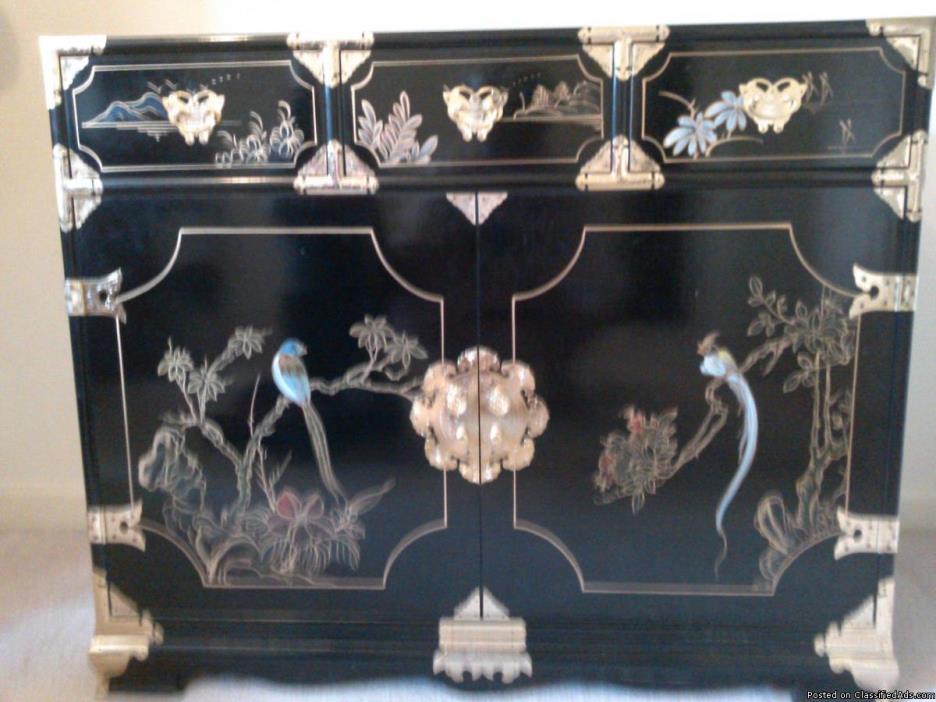 Vintage Oriental Hand Painted Black Lacquer Solid Wood Cabinet, 0