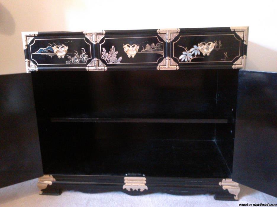 Vintage Oriental Hand Painted Black Lacquer Solid Wood Cabinet, 1