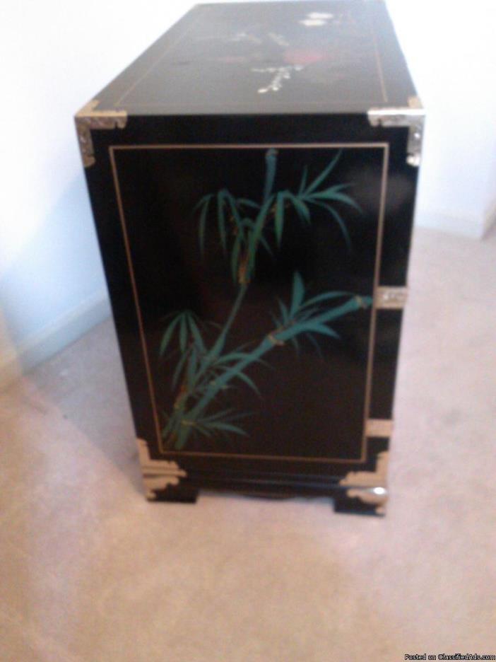 Vintage Oriental Hand Painted Black Lacquer Solid Wood Cabinet, 2