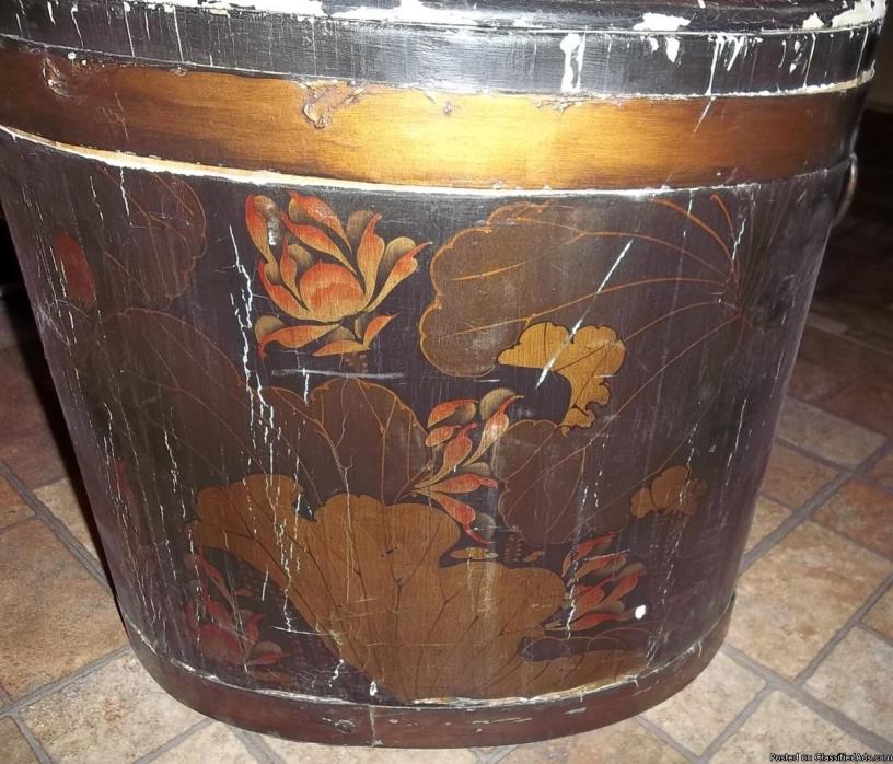 Wooden Barrel like Chest mid 1800 's  hand painted orchids metal handles, 0
