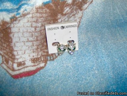 Earrings ~ Big cat, clip on, white & green stones, 2