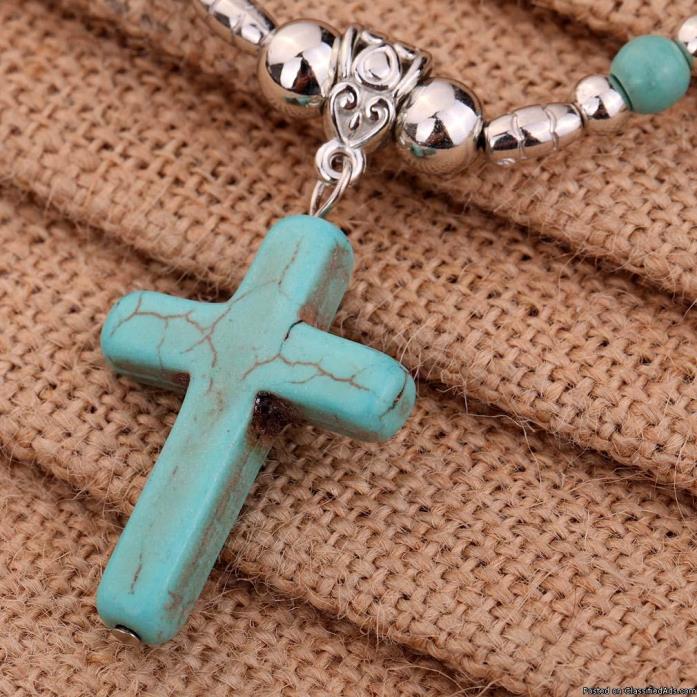 Turquoise Cross Pendant Tibetan Silver Necklace Chain, 2