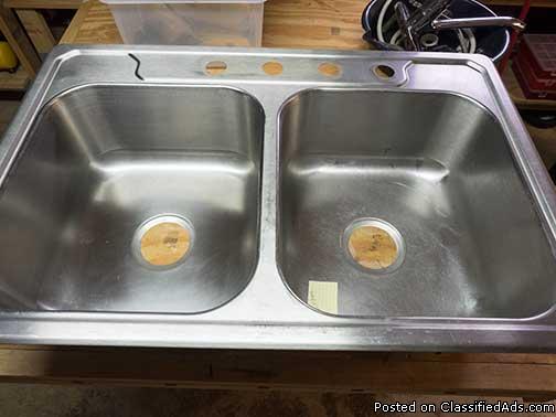 STAINLESS STEEL TWO BOWL SINK W/ FAUCET COMPLETE