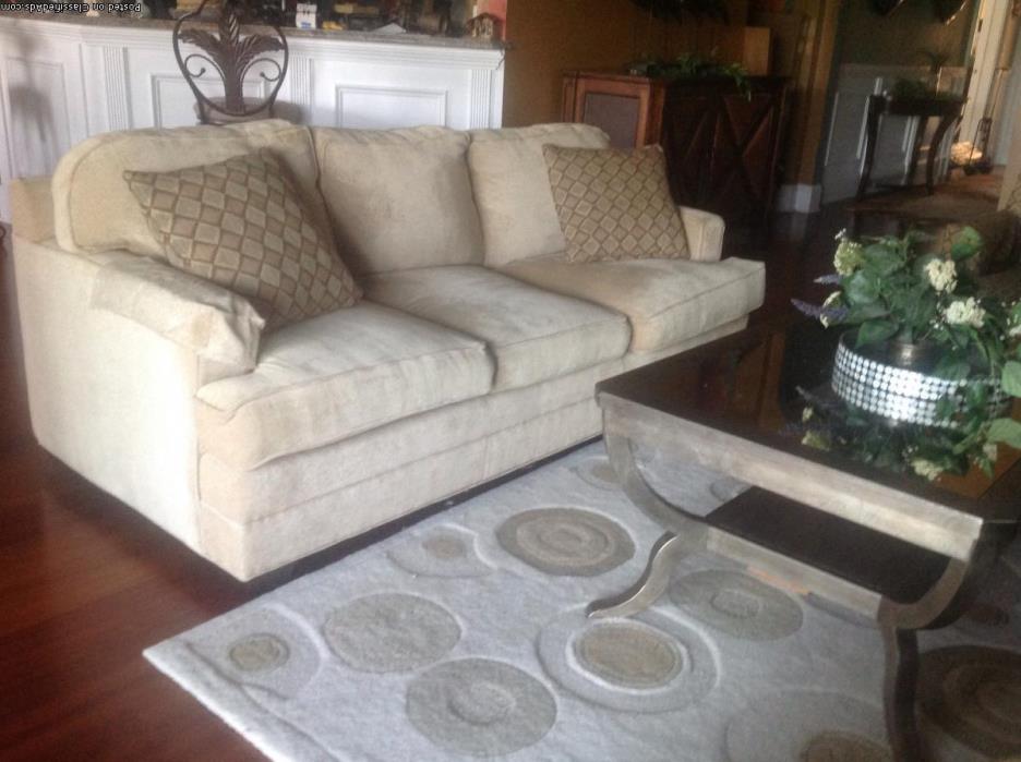 Hi End  Beige  3 seated sofa and Matching printed chair by Miles Talbott