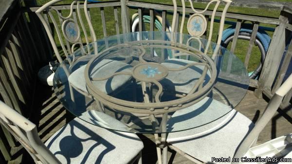 Glass top table, 4 chairs, sideboard, 0