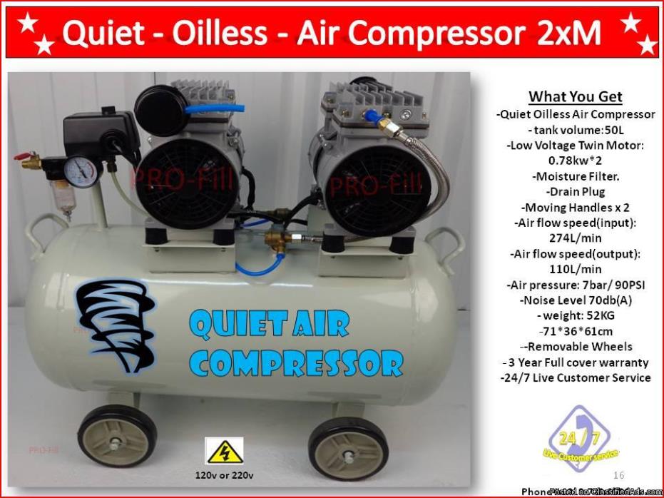 Air Compressor 2xM Quiet Oil Less-Tank Volume: 50L-Low Voltage Twin...