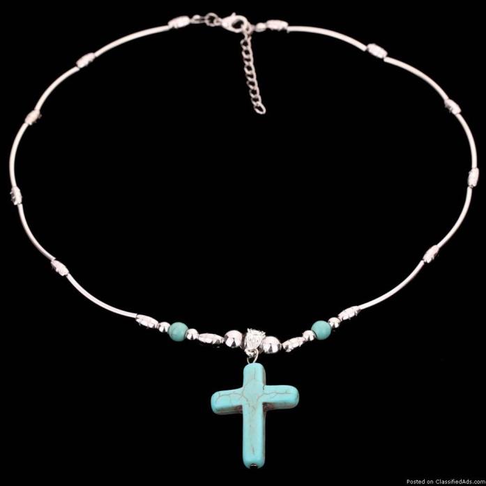 Turquoise Cross Pendant Tibetan Silver Necklace Chain, 1