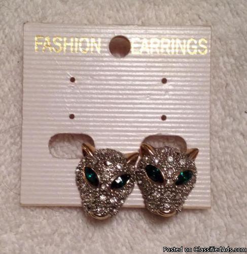 Earrings ~ Big cat, clip on, white & green stones