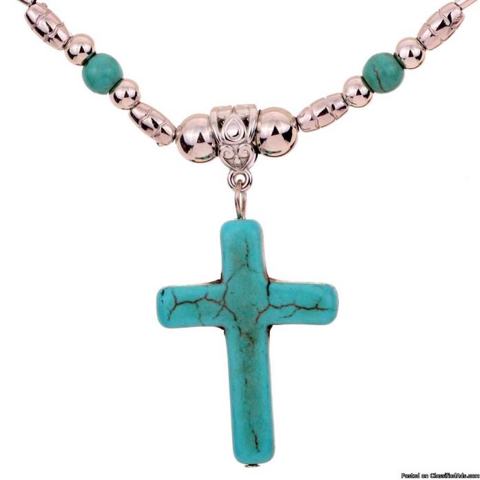 Turquoise Cross Pendant Tibetan Silver Necklace Chain