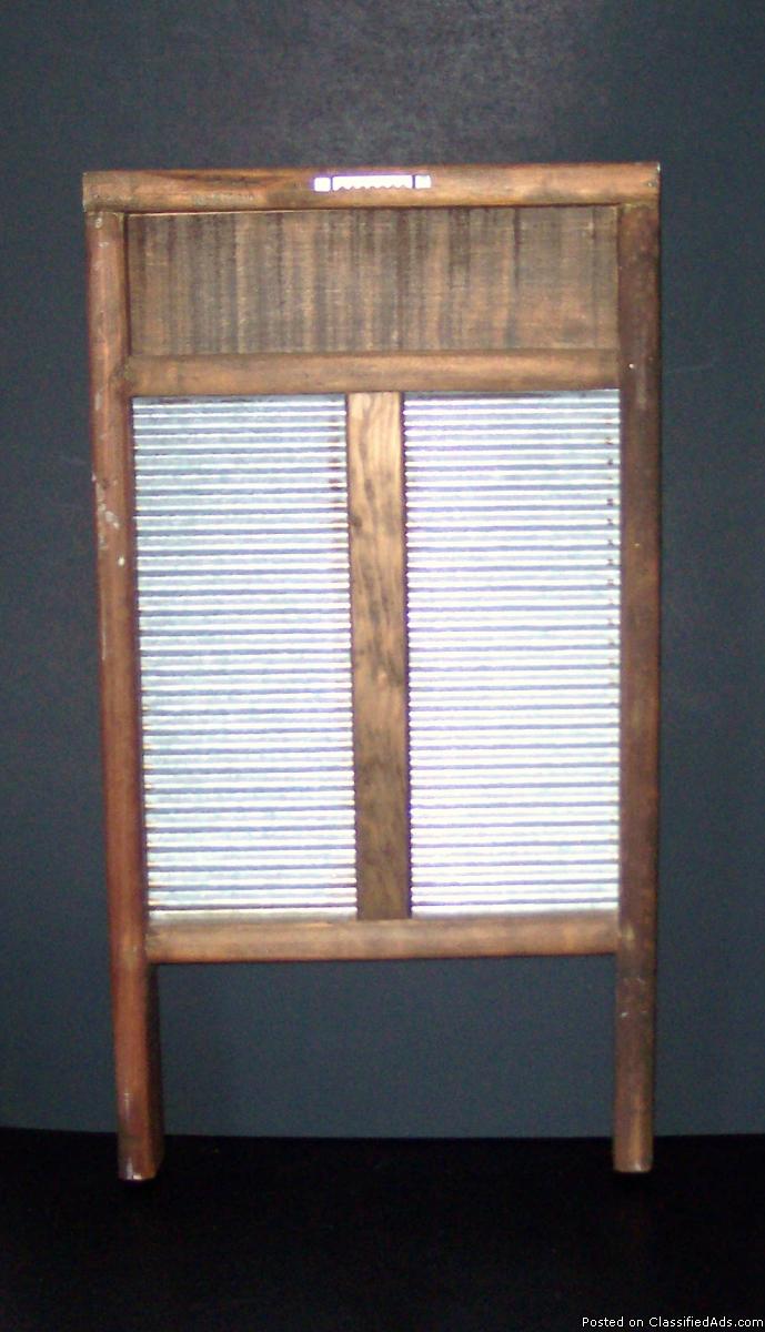 Vintage Washboard Wooden Frame Zinc Board with Blue Letters saying Laundry., 1