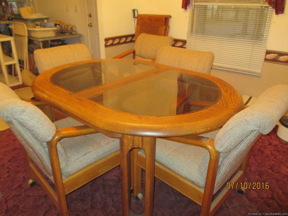 Solid Oak and Glass Dining Room Table With Leaves, 0