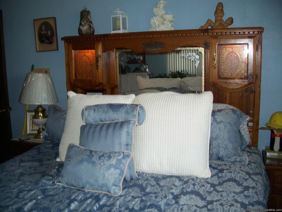 Beautiful King Sized Pine Headboard with lighted cabinets