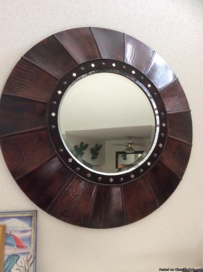 Round leather mirror