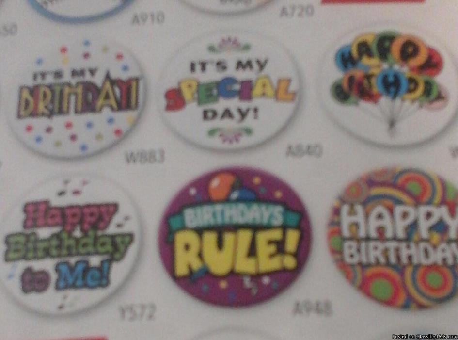Birthday party buttons pin back or Adhesive, 1