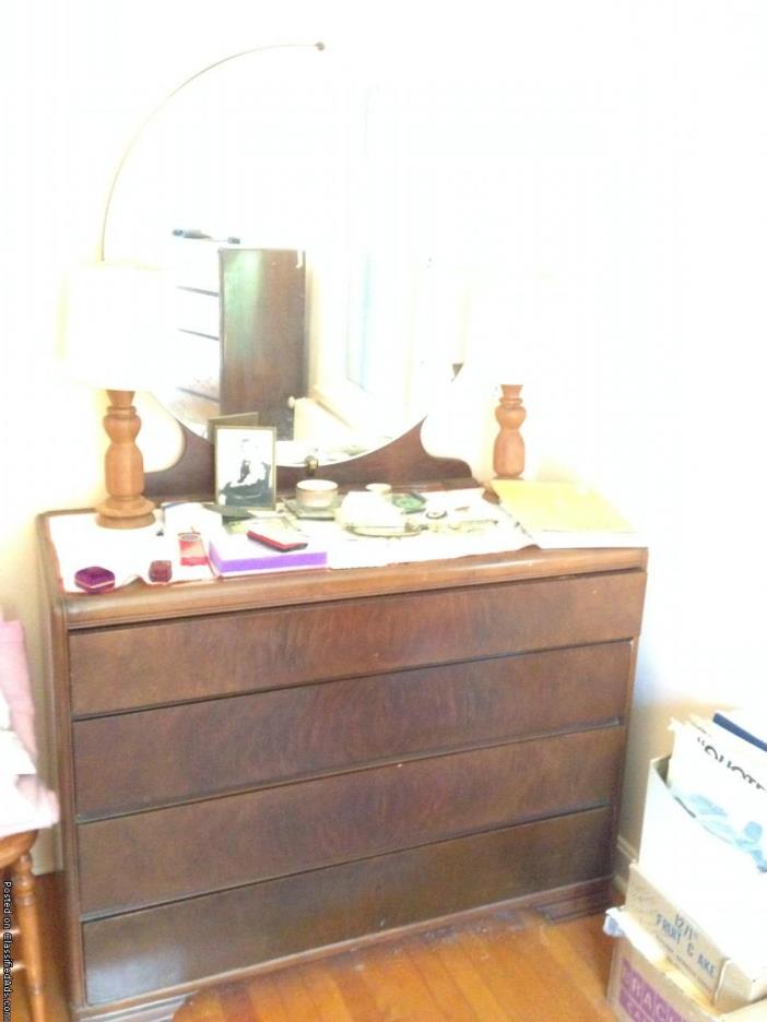 Bedroom set: Vintage Walnut double bed, chest, dresser w/ mirror, 2