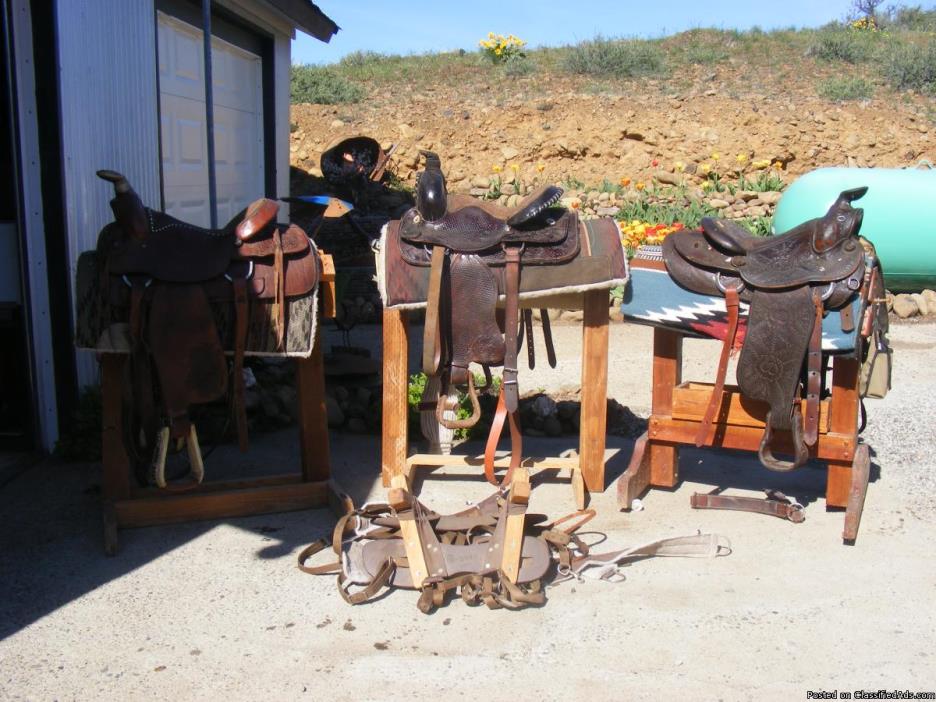 Four Saddles = 2 top quality 1 medium quality & 1 pack saddle, blankets,..., 0
