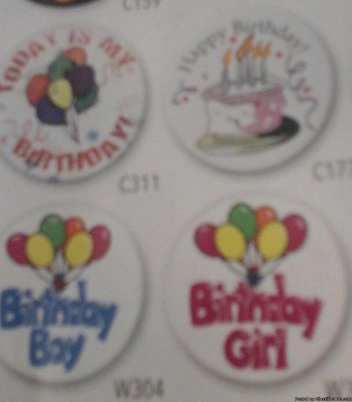 Birthday party buttons pin back or Adhesive