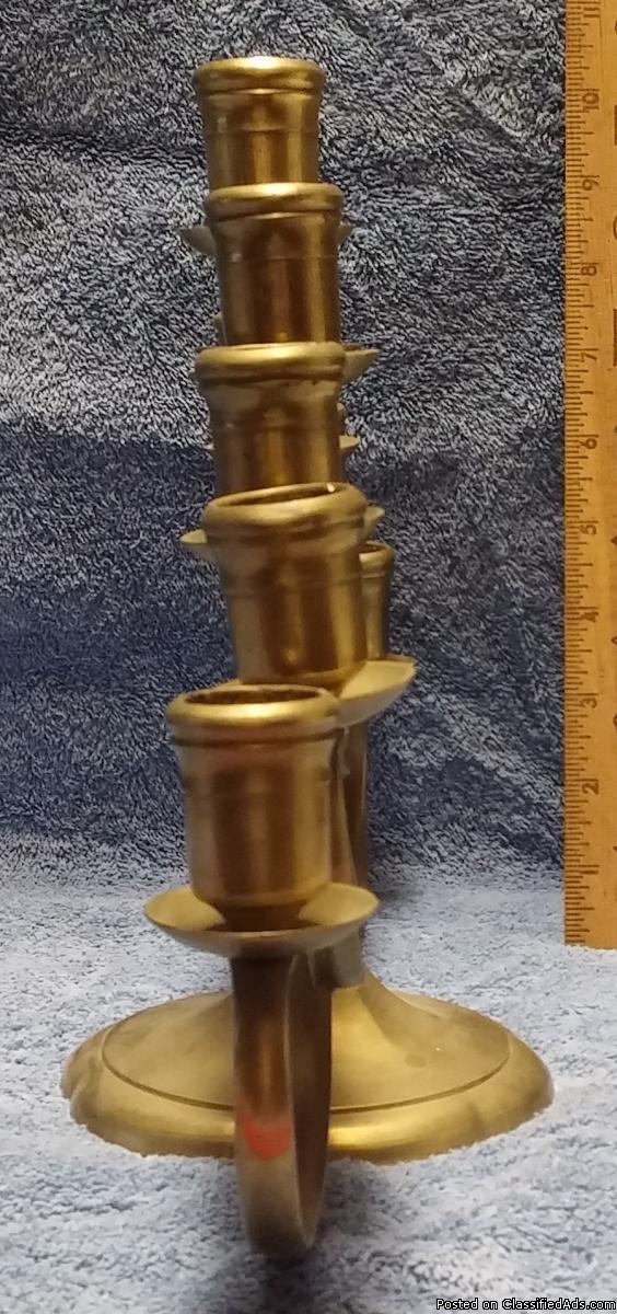 Vintage Brass 9 Arms Swivel Candelabra Candle Holder Menorah, 1