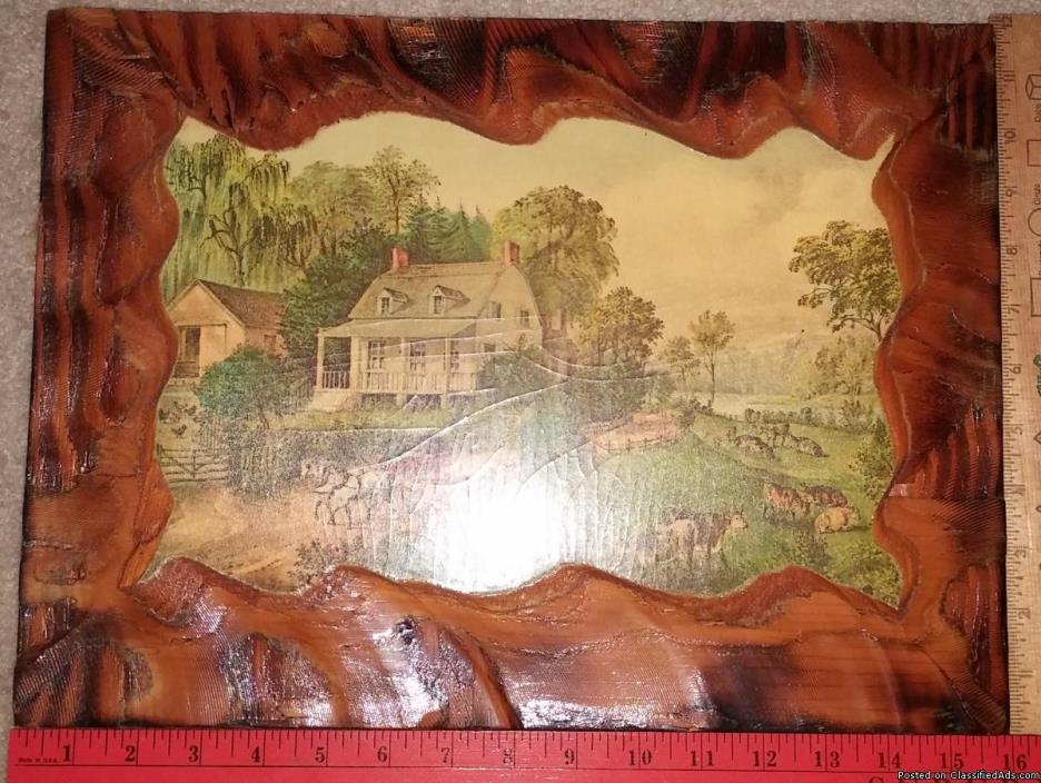 Vintage American Homestead Summer on Wood Plaque, 1