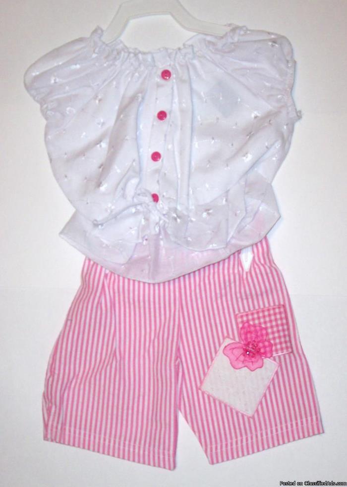 Girl's Spring Short Set, White Top, Pink and White Shorts, 2T
