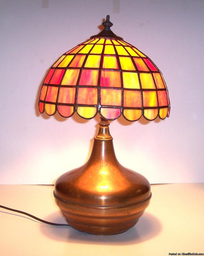 Vintage-Bronze-Colored-Lamp-with-Stained-Glass-Shade-18-high-11-Dia, 1