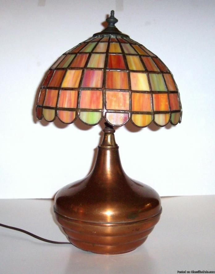 Vintage-Bronze-Colored-Lamp-with-Stained-Glass-Shade-18-high-11-Dia