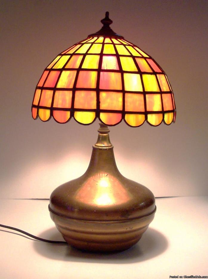 Vintage-Bronze-Colored-Lamp-with-Stained-Glass-Shade-18-high-11-Dia, 2