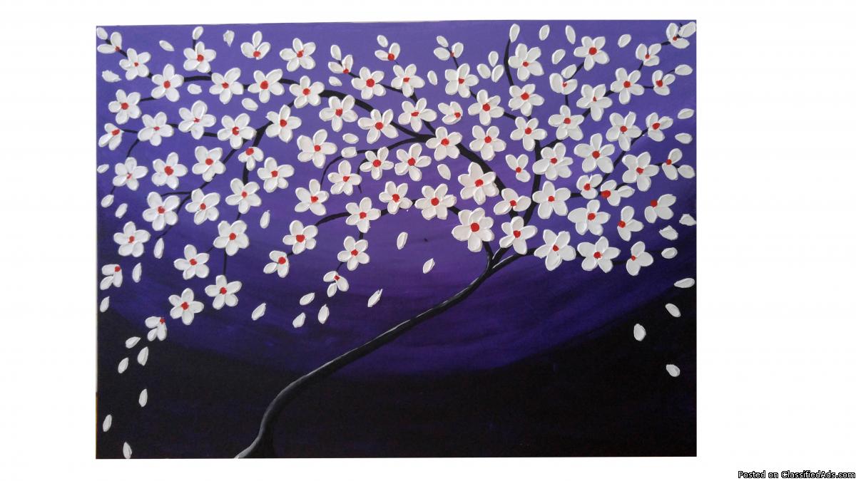 Beautiful Modern Art 3D Flowers Purple Cherry Blossom Canvas Painting, 0