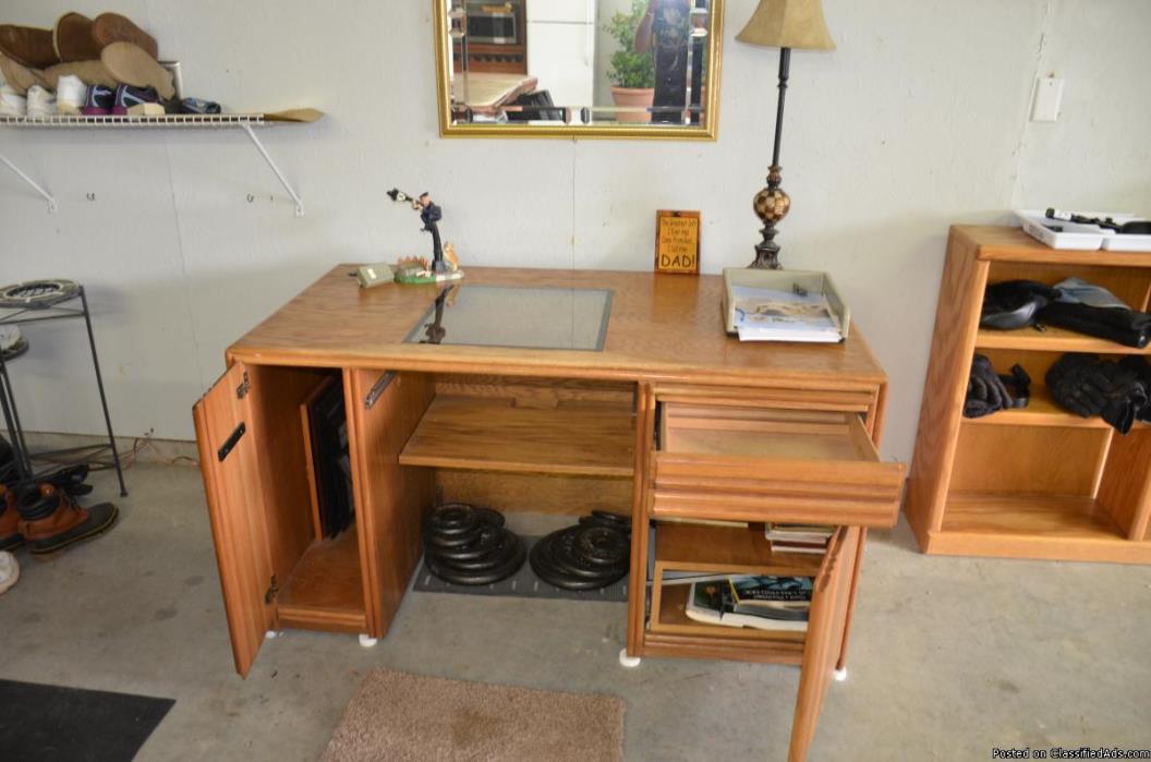 Oak computer desk and bookshelf, 0