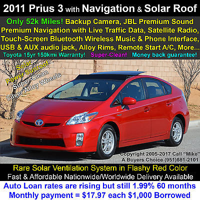 2011 Toyota Prius 3 Solar Roof Premium, Navigation, JBL Audio, Clean olar Pwr. Sunroof, Navigation+Traffic,Touch Bluetooth, Warranty **Super Clean**