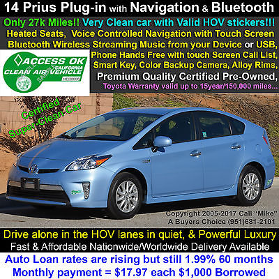 2014 Toyota Prius Plug-in Hybrid Premium Gasoline/Electric Dual-Fuel Navigation+Live Traffic, HeatedSeats, Rear Camera, Entune, Bluetooth, Warranty!!