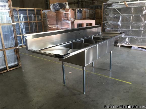 Stainless Steel Three Compartment Sink Commercial Kitchen, 1