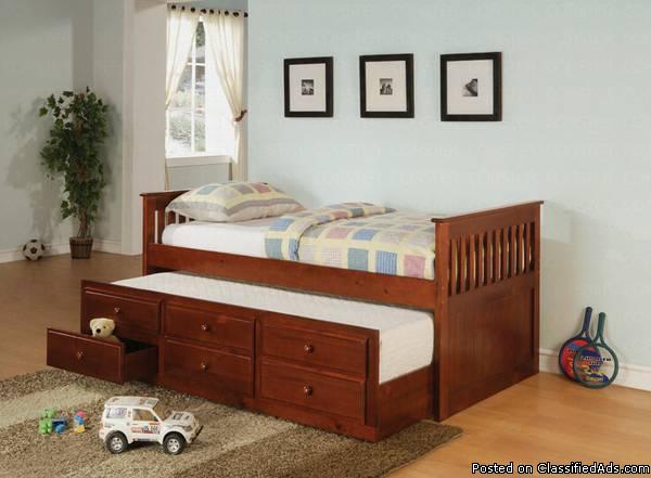 Mission Style Twin Bed with Trundle and Drawers, 1