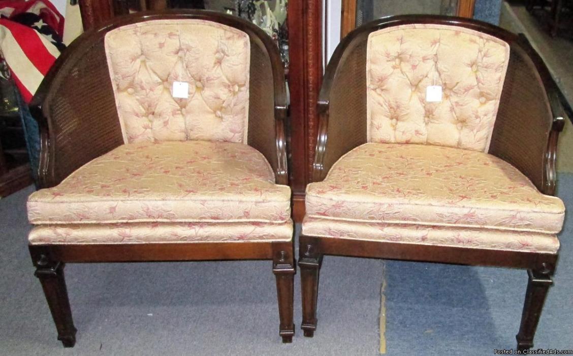 Vintage Mid Century barrel club chair w/cane wicker sides cushion seats set of 2, 0