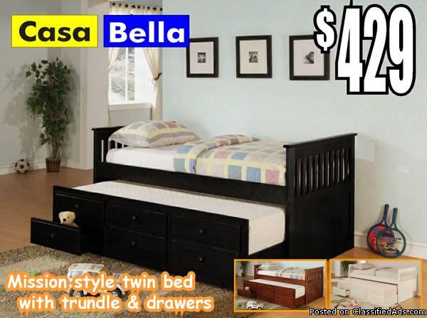 Mission Style Twin Bed with Trundle and Drawers, 0