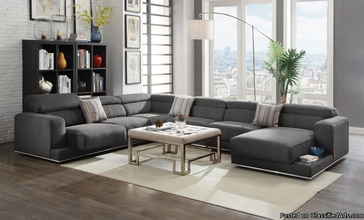 4Pcs Dark Gray Fabric Sectional Sofa Right Chaise, 0