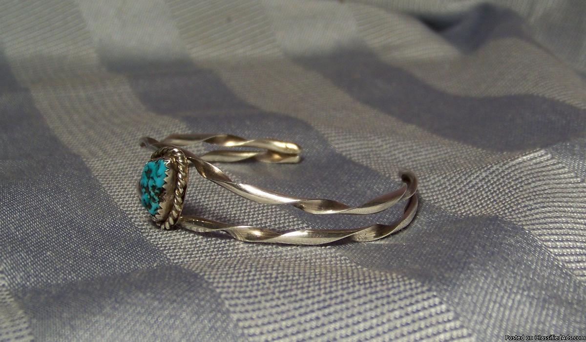 Navajo Native American Indian Old Pawn Twisted Silver & Turquoise Adjustable..., 1