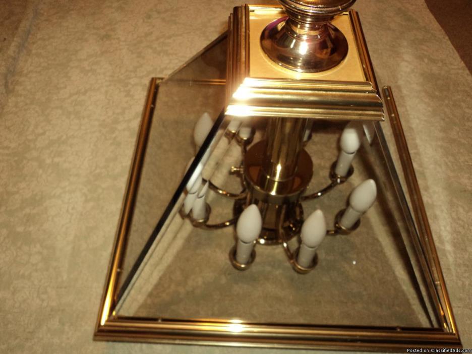 1990s Brass & Beveled Glass 8 Candle & 1 Spot light on bottom Chandelier., 1