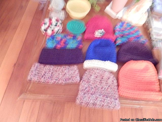Hand crocheted winter hats, Earwarmer headbands etc $8.00 each. Coasters are a..., 1