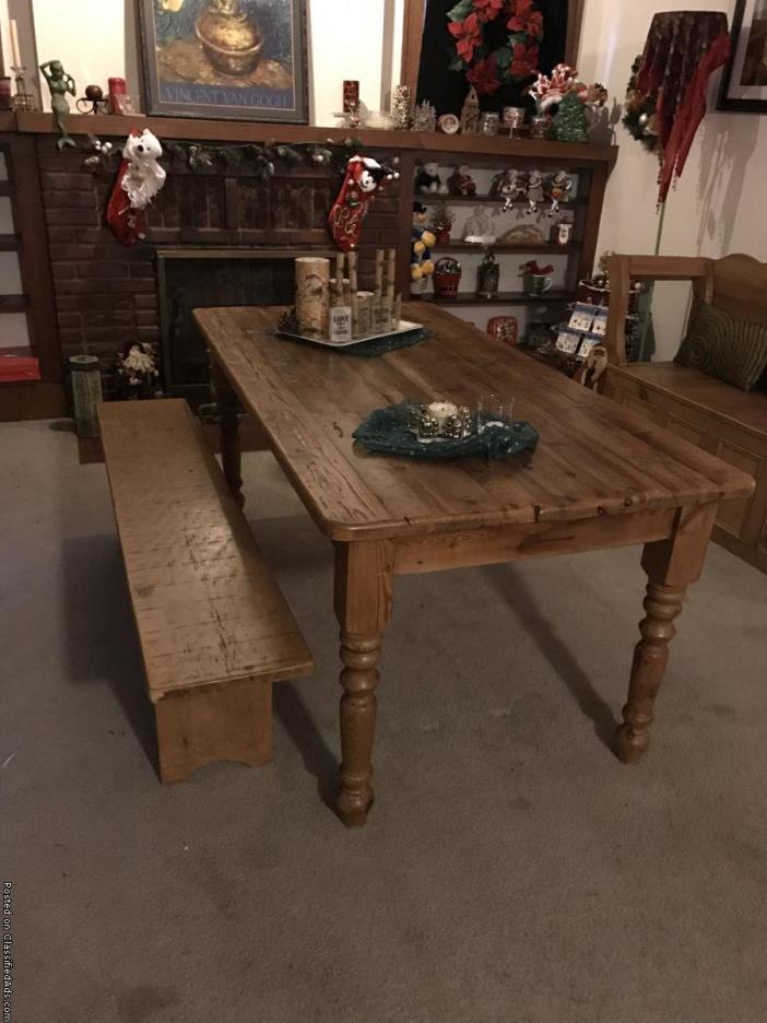 Pine Schoolhouse table with bench, 0