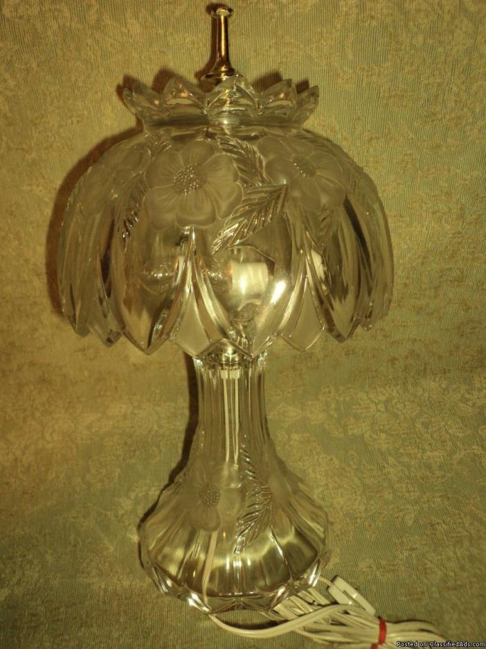 Vintage Clear Flowered All Heavy Glass Lamp, 13” tall & 6lb. Wt, 0