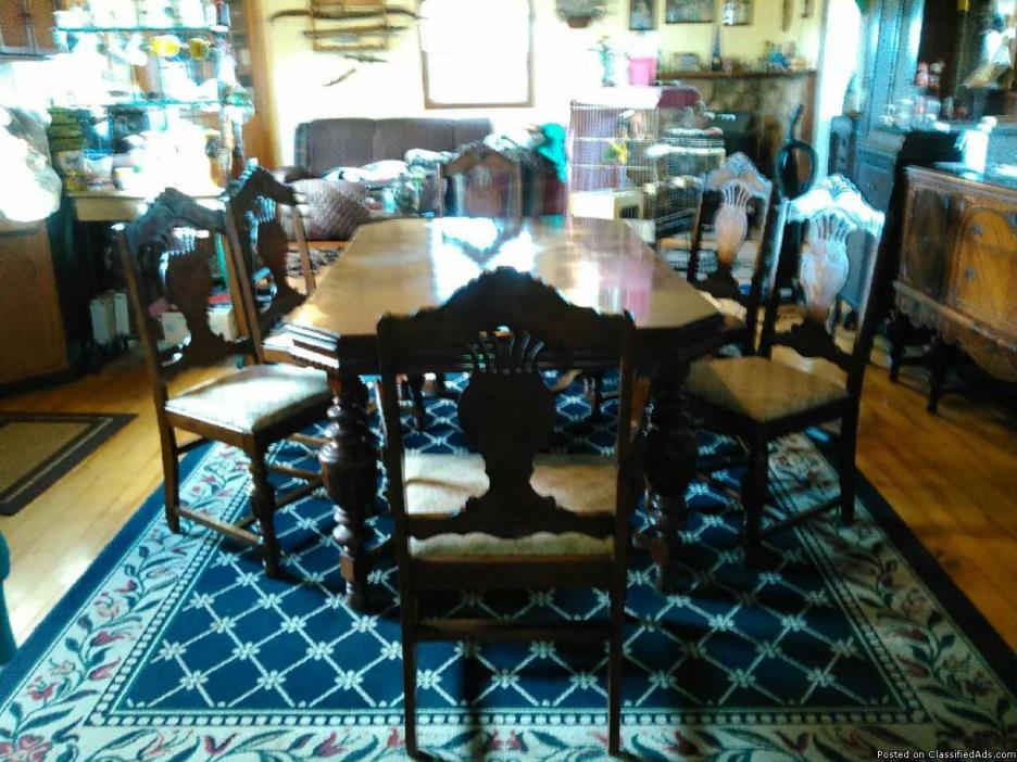 1943 cherry dining room set, table chairs, china cabinet, buffet cabinet.