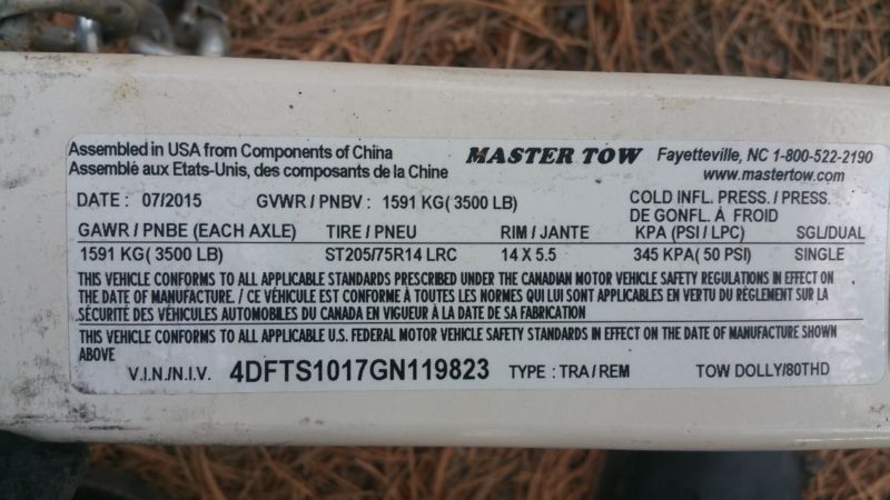 Master Tow 80THD tow dolly used only one trip, 2