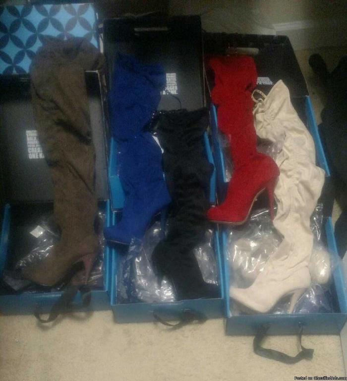 Five pairs of size 5.5 never worn thigh high boots.