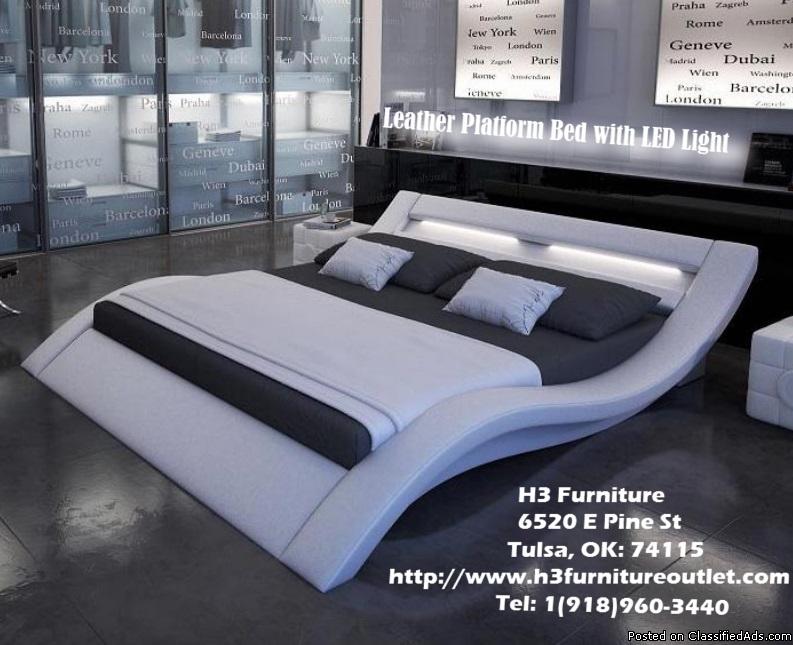Modern leather platform Bed with Light, 0